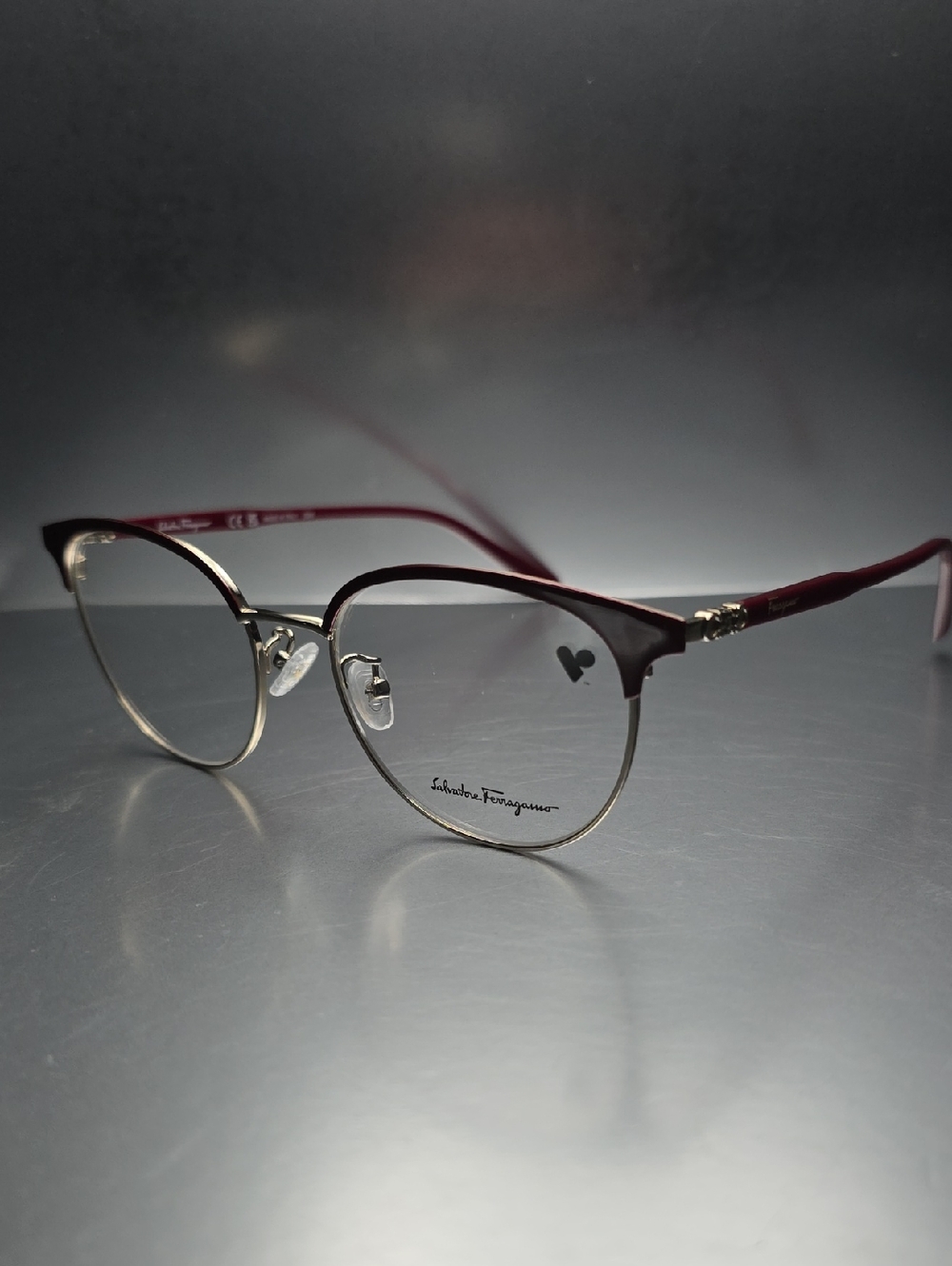 Salvatore Ferragamo Burgundy and Gold Cat-Eye Glasses